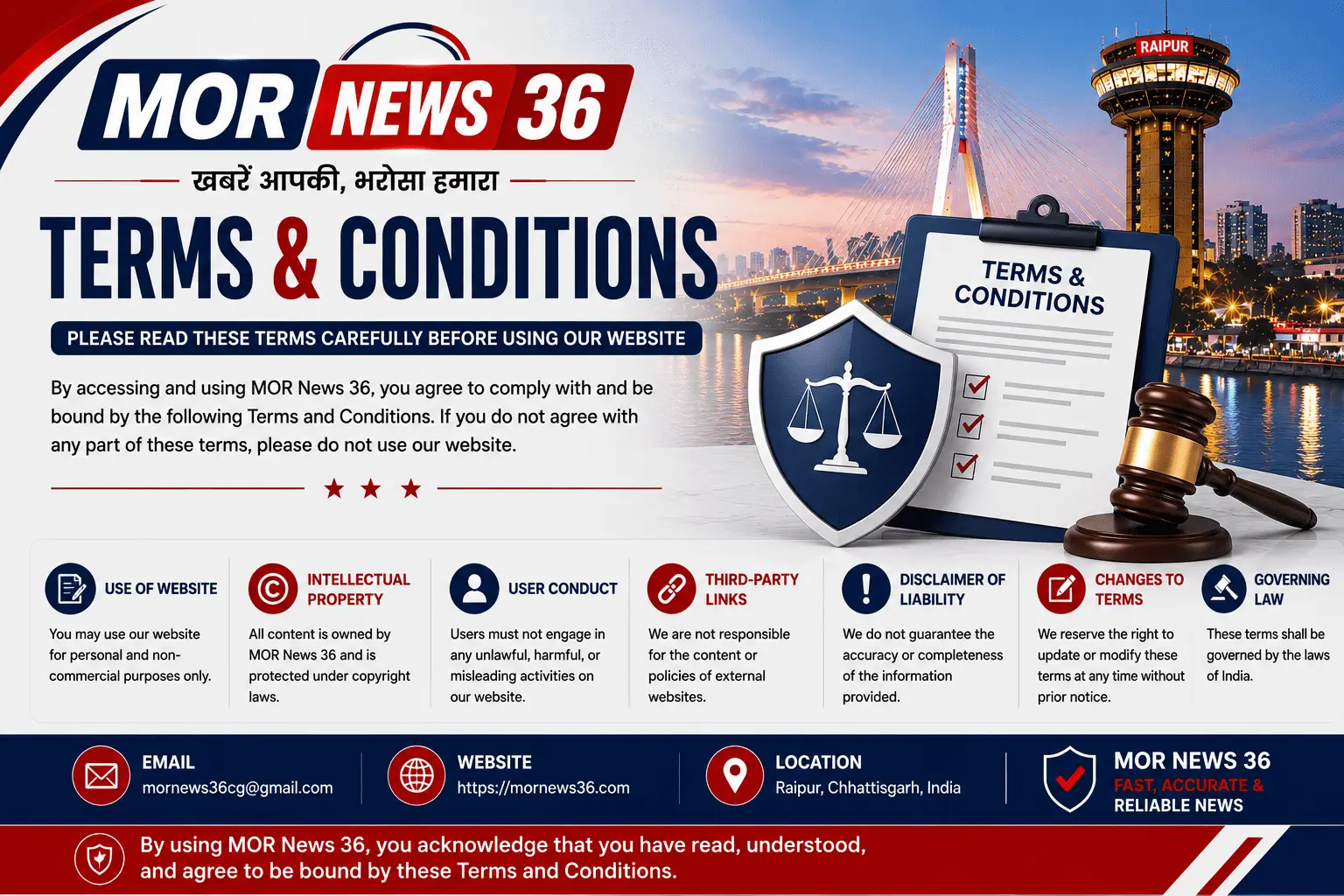 MOR News 36 Terms and Conditions banner featuring legal guidelines, user responsibilities, and website policies.