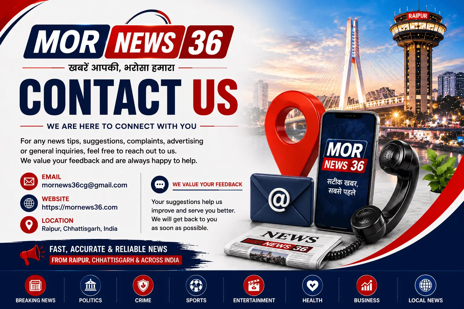 MOR News 36 Contact Us banner with email, website details and Raipur city background