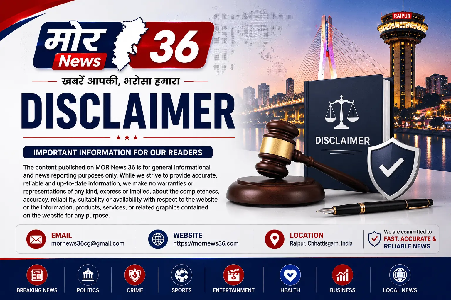 MOR News 36 Disclaimer banner featuring legal information, news policies, and reader guidelines.