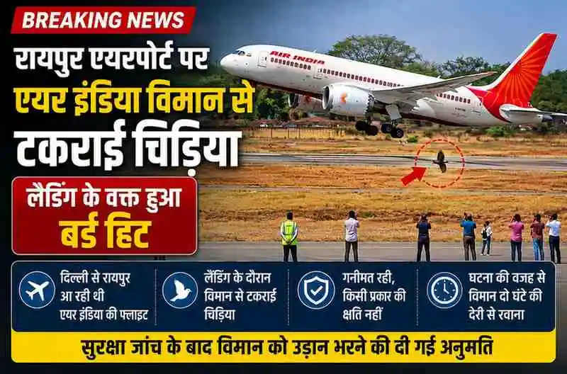 रायपुर एयरपोर्ट पर एयर इंडिया विमान से टकराई चिड़िया, सुरक्षा जांच के बाद उड़ान रवाना।