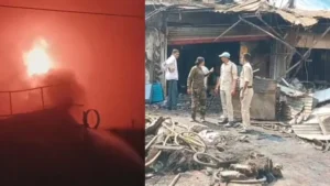 बिलासपुर बुधवारी बाजार में लगी भीषण आग को बुझाती फायर ब्रिगेड