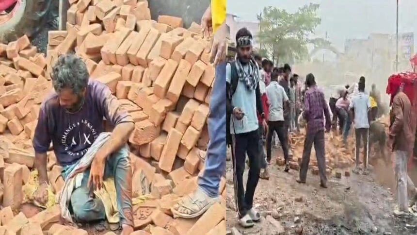 Brick loaded tractor overturned in Takhatpur due to pothole